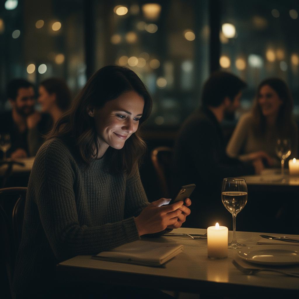 Mulher sozinha em mesa de restaurante olhando o celular esperando uma resposta
