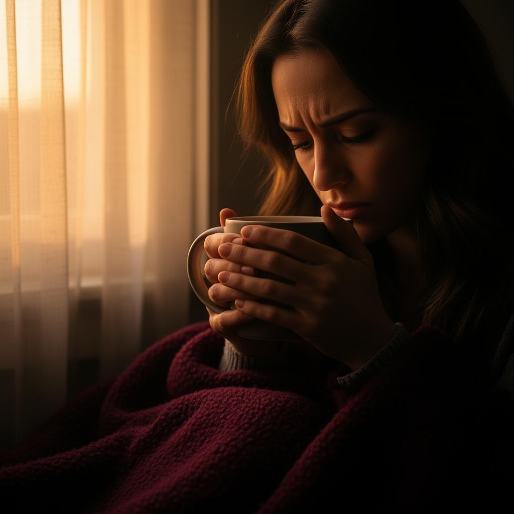 Mulher exausta segurando uma xícara de café após noite mal dormida