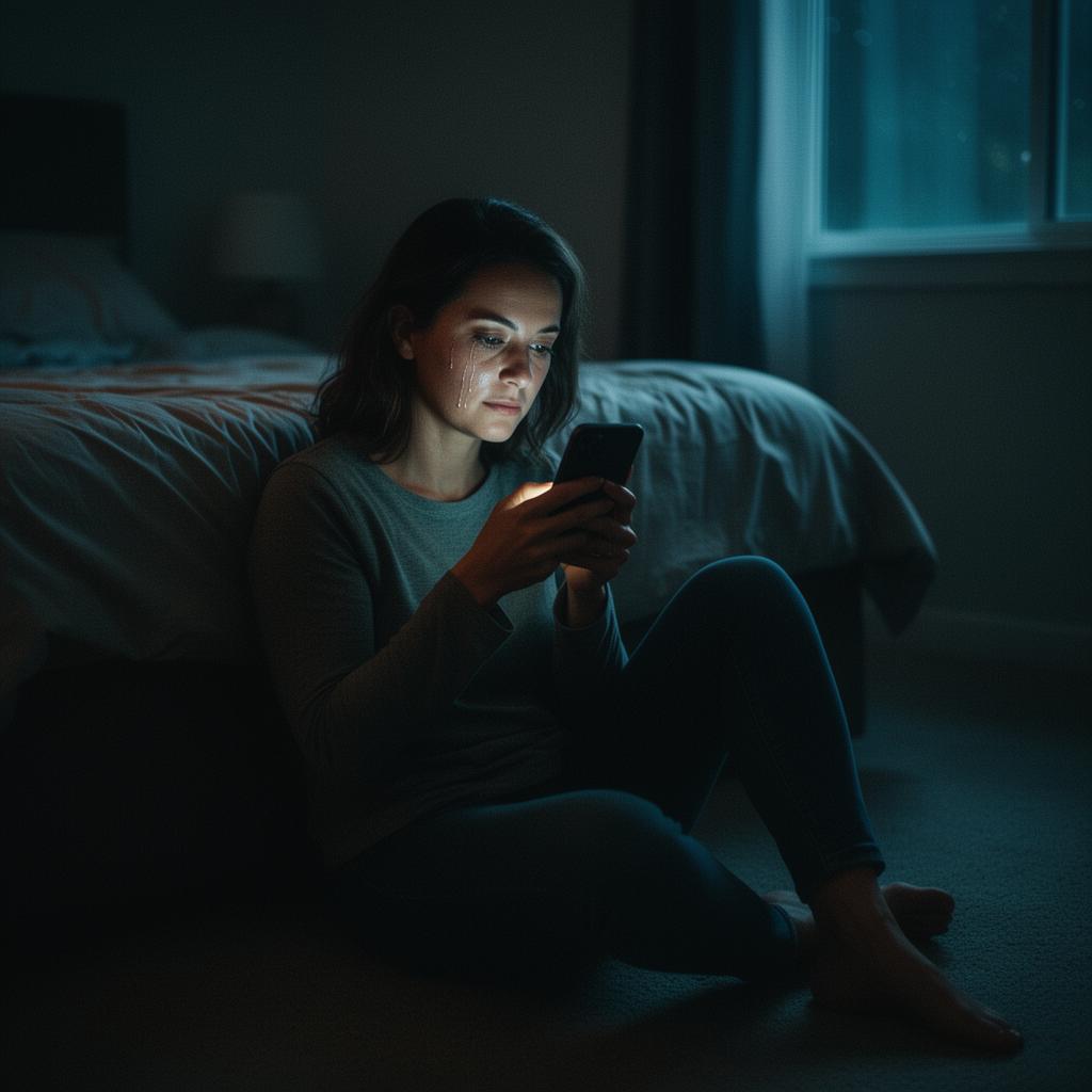 Mulher chorando sentada no chão do quarto relendo mensagens antigas no celular